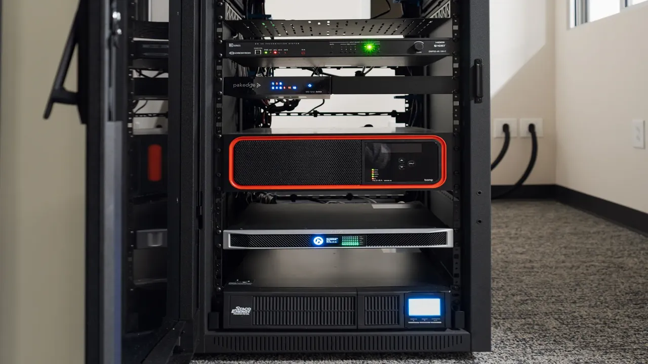 Integrated AV system headend rack for corporate conference room AV