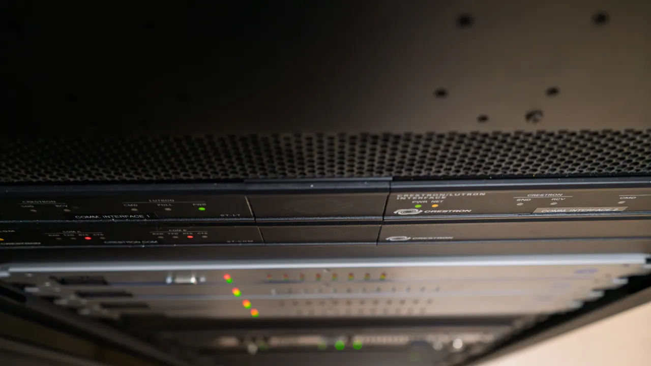 Close-up of the Student Center ballroom equipment rack with status indicators lit.