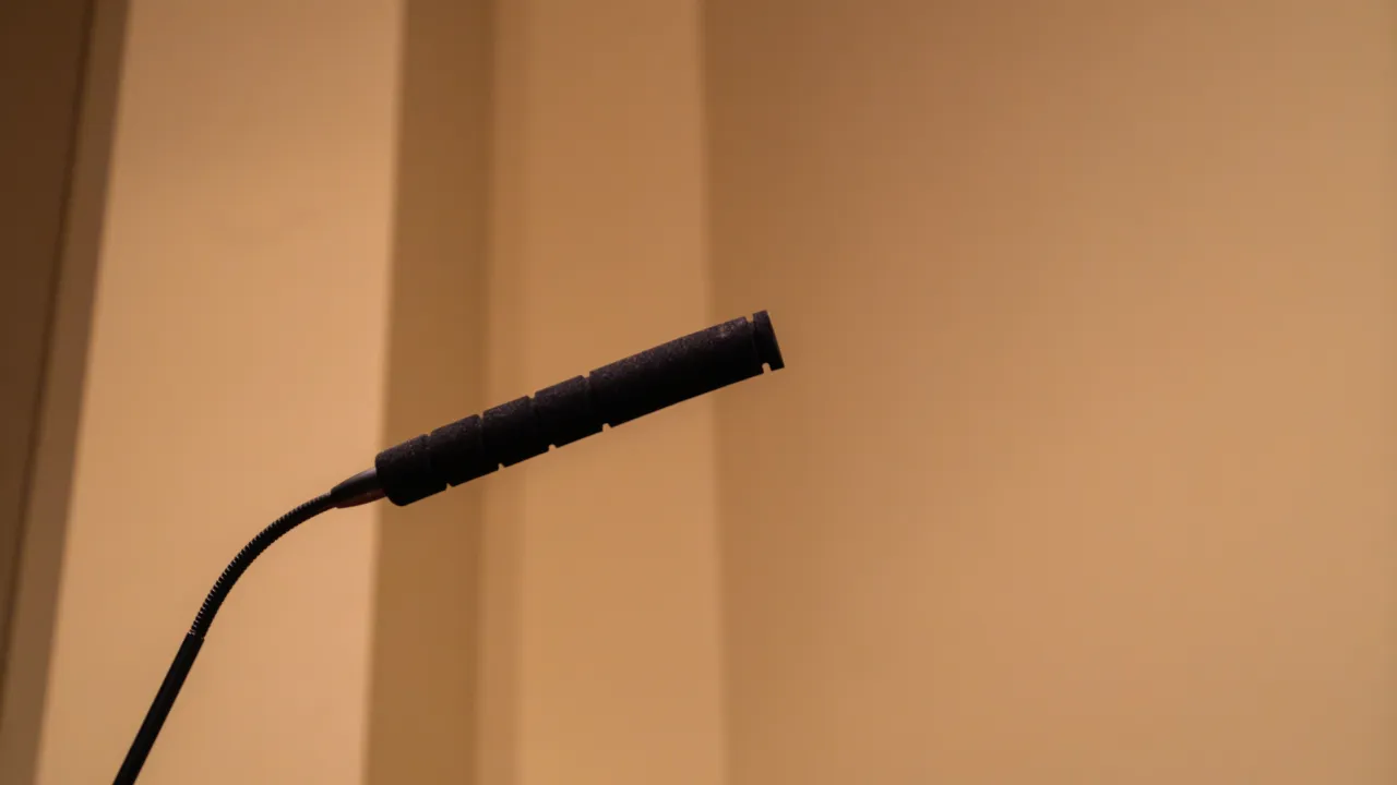 A gooseneck microphone at a lectern in a Jackson State University venue.