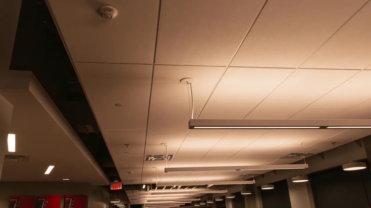 A circular black acoustic element mounted on an exposed-concrete wall with surface conduit.