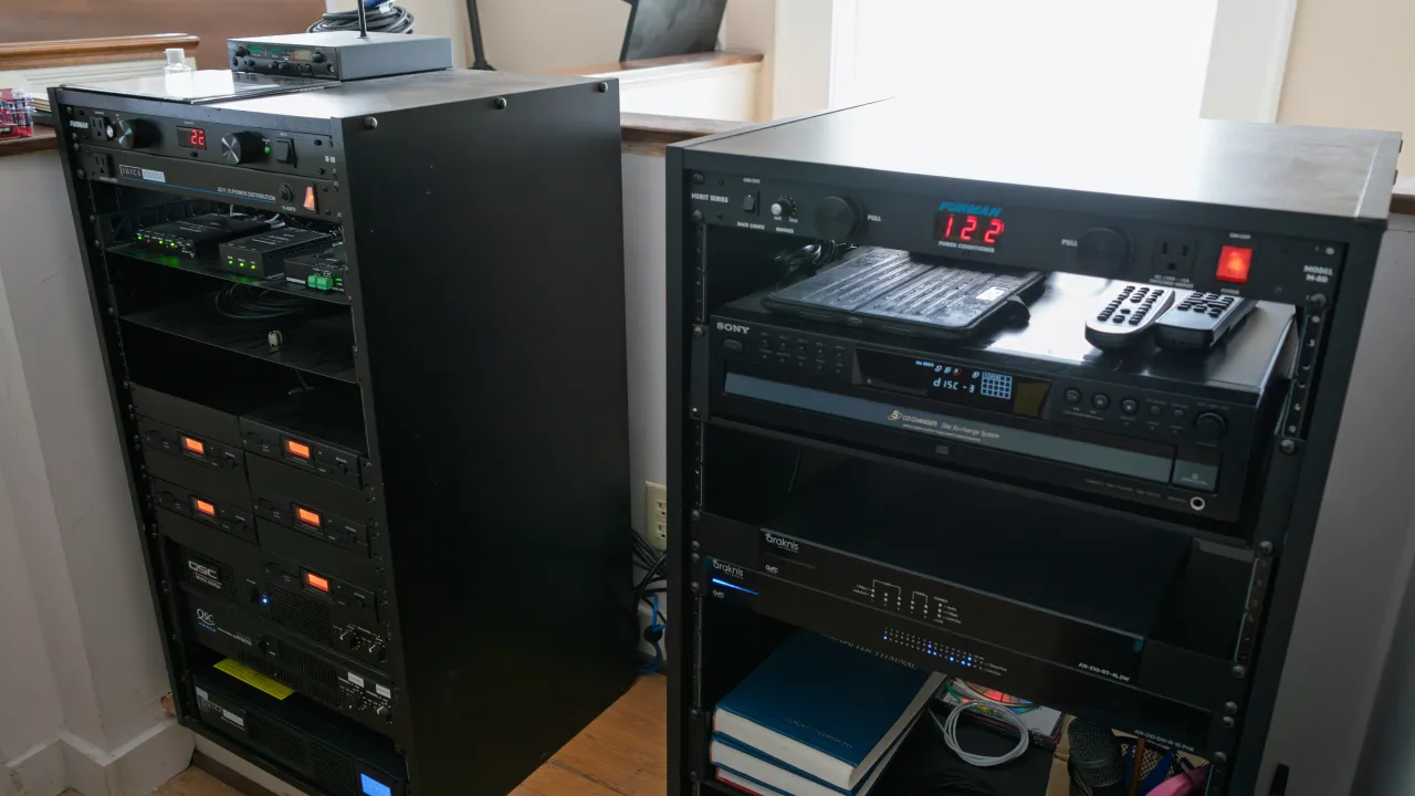 Equipment racks housing the sanctuary AV and signal-processing gear.